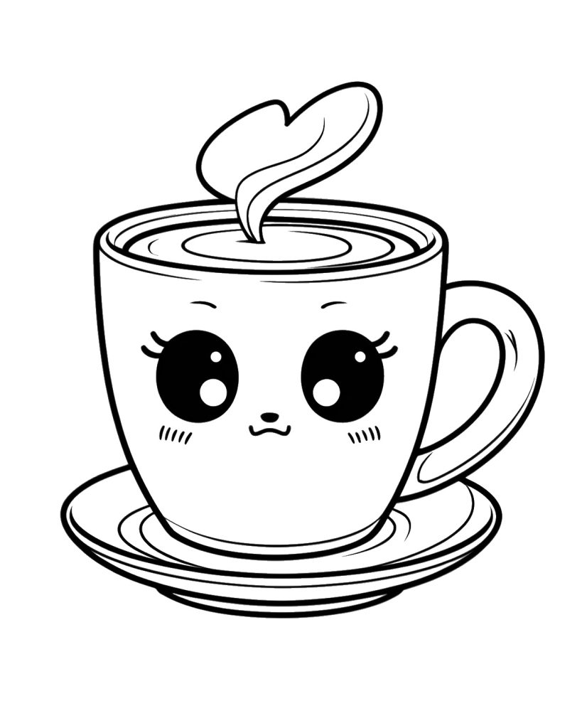 Kawaii Ausmalbild Kaffeetasse mit großen Augen